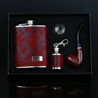 9oz 304 stainless steel pu leather checkered hip flask 4-piece set