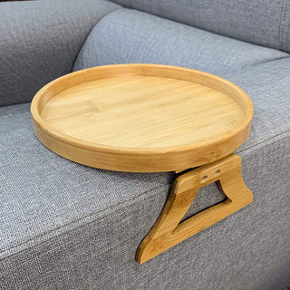 Sofa Armrest Clip-On Round Bamboo Tray